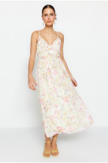 Mela Ivory Floral Strappy Pleated Midi Dress