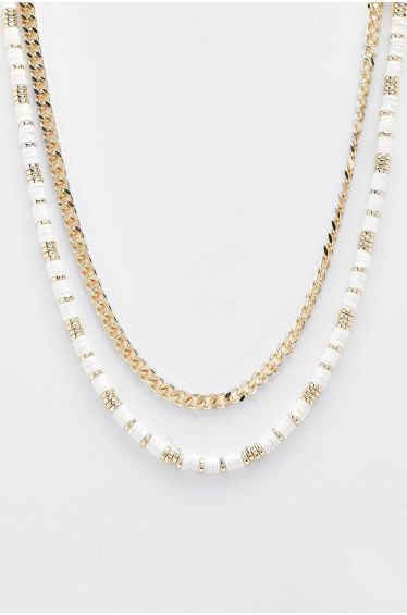 Gold Bead Station White Double Row Necklace - white