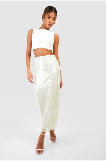 Light Nude Sheer Sequin High Waist Maxi Skirt