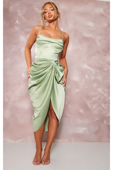 Green One Shoulder Textured Ruched Midi Dress