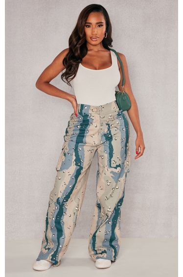 Yumi Navy Satin Crane Print Palazzo Trousers