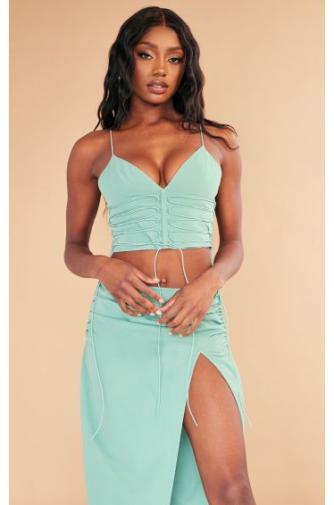 Sea Green Woven Lace Up Front Strappy Corset