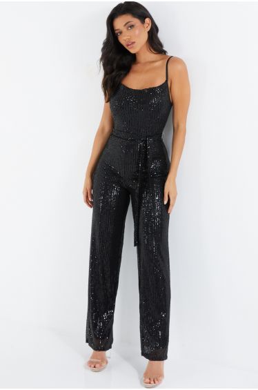 Black Textured Sequin Corset Bandeau Jumpsuit