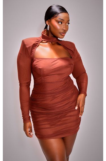 Plus Size Satin V Neck Ruched Bust Mini Dress