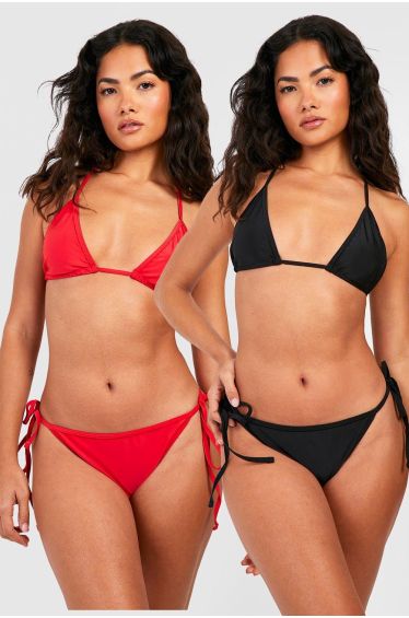 Prettylittlething Women's Multi Stone and Black 2 Pack Triangle Bikini Set