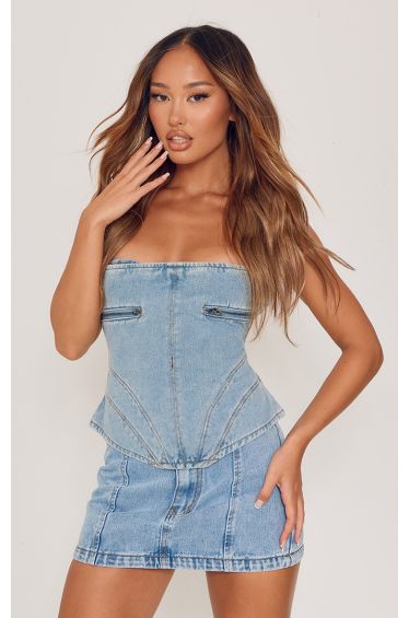 Petite Blue Acid Wash Lace Up Corset Top